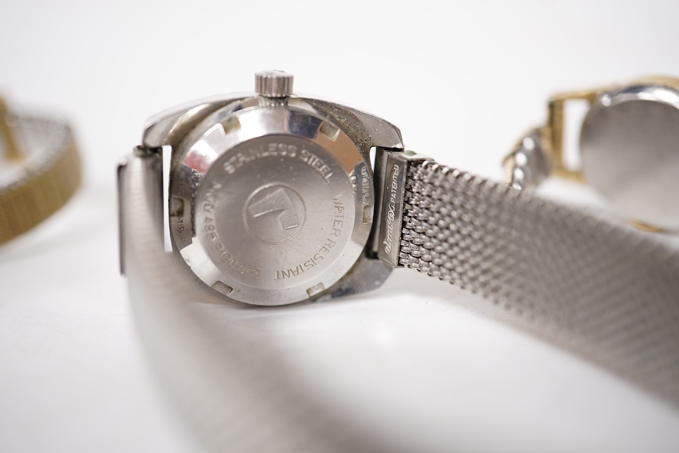 A collection of seven gentleman's assorted mainly steel wrist watches including two Tissot, a Timex, Ingersoll, Montine, Kingston and Sekonda, together with six assorted lady's mainly steel wrist watches including Seiko,